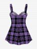 Plus Size & Curve Lace Up Full Zipper Plaid Tank Top -  