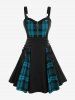 Plus Size Plaid Colorblock Print Lace Up Half Zipper Patchwork Fit and Flare Dress -  