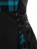 Plus Size Plaid Colorblock Print Lace Up Half Zipper Patchwork Fit and Flare Dress -  