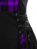 Gothic Plus Size Plaid Colorblock Print Lace Up Half Zipper Patchwork Fit and Flare Dress -  