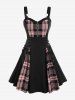 Plus Size Plaid Colorblock Print Lace Up Half Zipper Patchwork Fit and Flare Dress -  