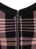 Plus Size Plaid Colorblock Print Lace Up Half Zipper Patchwork Fit and Flare Dress -  