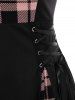 Plus Size Plaid Colorblock Print Lace Up Half Zipper Patchwork Fit and Flare Dress -  