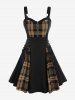 Plus Size Plaid Colorblock Print Lace Up Half Zipper Patchwork Fit and Flare Dress -  