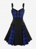 Plus Size Plaid Colorblock Print Lace Up Half Zipper Patchwork Fit and Flare Dress -  