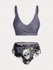 Maillot de bain bikini trois pièces croisé à imprimé tête de mort et rose, grandes tailles et formes généreuses. - Gris 2X