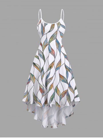 Plus Size Leaf Branch Colorblock Print Hawaii High Low Asymmetric Cami Dress - WHITE - XS