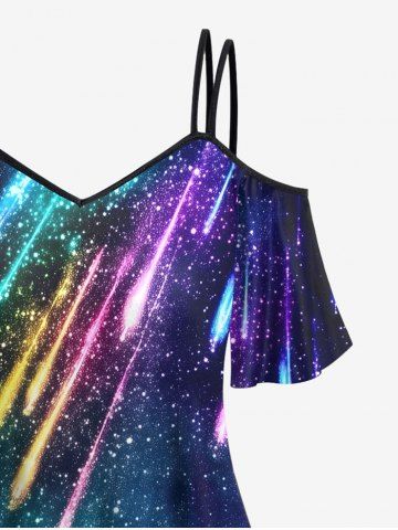 Colorful Glitter Meteor Shower Ombre Galaxy Print Hawaii T-shirt and Flare Pants Plus Size Matching Set