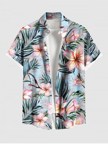 Plus Size Tropical Flowers Leaf Print Buttons Pocket Hawaii Shirt For Men - LIGHT BLUE - L