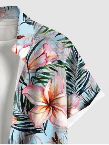 Plus Size Tropical Flowers Leaf Print Buttons Pocket Hawaii Shirt For Men
