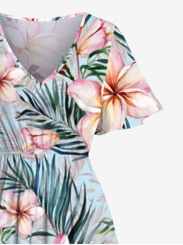 Plus Size Tropical Flowers Leaf Print Split Hawaii Midi Dress