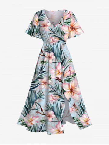 Plus Size Tropical Flowers Leaf Print Split Hawaii Midi Dress - LIGHT BLUE - 1X
