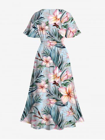 Plus Size Tropical Flowers Leaf Print Split Hawaii Midi Dress