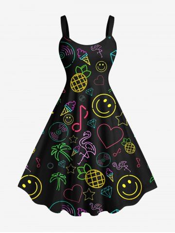 Plus Size Pineapple Coconut Tree Flamingo Heart Diamond Print Hawaii Tank Dress - BLACK - S