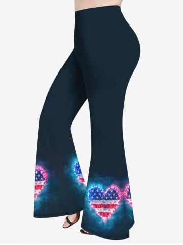 Plus Size Glitter Heart Patriotic American Flag Print Flare Pants - BLACK - M