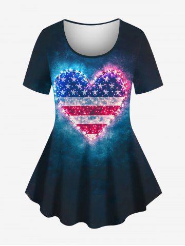 Plus Size Glitter Heart Patriotic American Flag Print Women T-shirt - BLACK - S