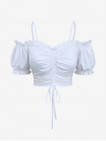 Plus Size Cold Shoulder Puff Sleeves Cinched Solid Ruffles Cropped Cami Top - WHITE - M