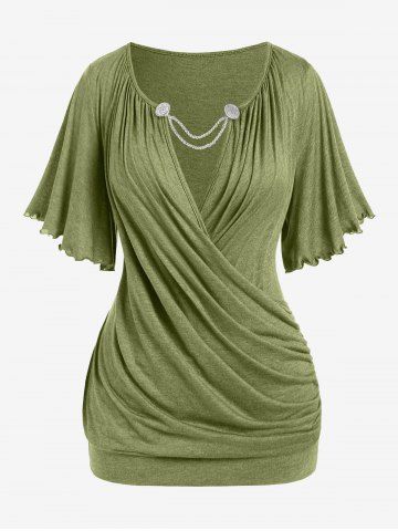 Plus Size Lettuce Ruched Chain Embellished Plunging Blouson Tee - LIGHT GREEN - 1X | US 14-16