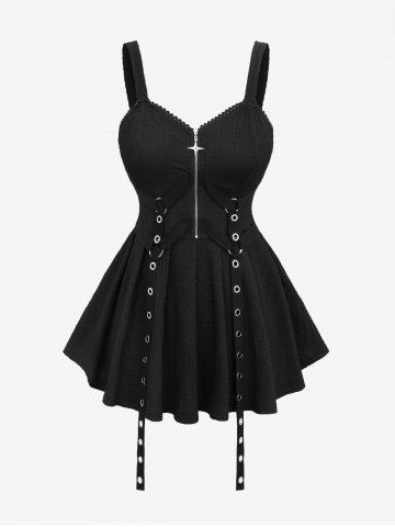 Plus Size Grommets Straps Star Zipper Lace Trim Plisse Tank Top - BLACK - 2X | US 18-20