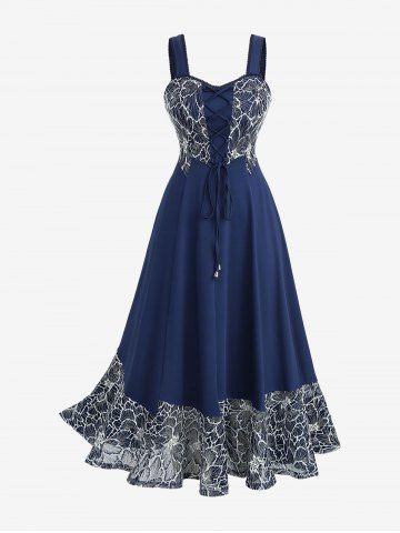 Plus Size Lace-up Panel Floral Embroidery Lace Trim Hollow Out Hem Tank Dress - DEEP BLUE - 1X | US 14-16