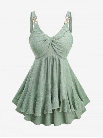 Plus Size Ruffles Twist Textured Ribbed Tank Top - GREEN - L | US 12