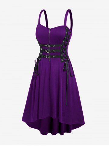 Plus Size Grommets Lace Up Buckles Zipper High Low Midi Dress - CONCORD - 4X | US 26-28