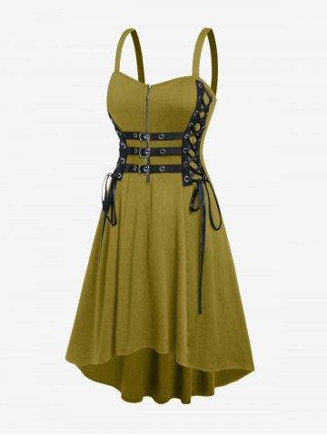 Plus Size Grommets Lace Up Buckles Zipper High Low Midi Dress - YELLOW - 5X | US 30-32