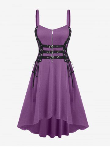 Plus Size Grommets Lace Up Buckles Zipper High Low Midi Dress
