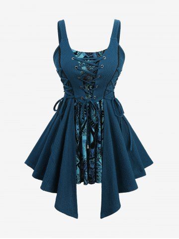 Plus Size Paisley Floral Flocking Grommet Lace Up Tank Top - DEEP BLUE - 2X | US 18-20