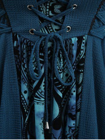 Plus Size Paisley Floral Flocking Grommet Lace Up Tank Top