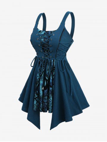 Plus Size Paisley Floral Flocking Grommet Lace Up Tank Top