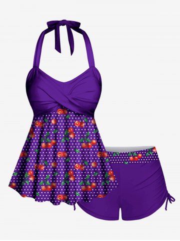 1950s Retro Cherry Dots Print Halter Ruched Cinched Boyleg Tankini Swimsuit - CONCORD - 3X