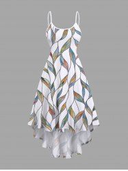 Robe Asymétrique à Bretelle Haute Basse Feuille Branche Imprimée en Blocs de Couleurs de Grande Taille - Blanc M