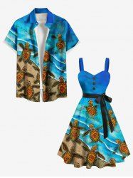 Tenue de Plage Adorable à Imprimé Tortue Marine pour Couples et Plage - Bleu 