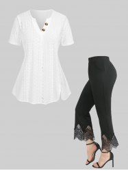 Button Laser Cut Split T-shirt and Scalloped Tassel Flare Pants Plus Size Outfit -  