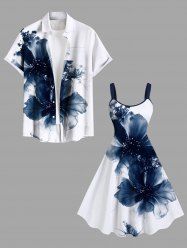 Ink Painting Flowers Print Plus Size Matching Hawaii Beach Outfit For Couples -  