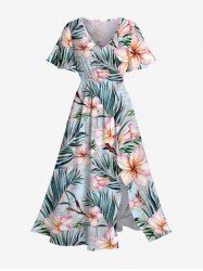 Robe Mi-Longue Hawaïen Fendue Fleur et Feuille Tropicale Imprimées de Grande Taille - Bleu clair XS