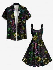 Short de Plage Hawaïen avec Diamant Cœur Flamant Imprimés de Grande Taille pour Couple - Noir 