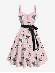 Plus Size Coconut Tree Print Buttons Turn Down Collar Hawaii Dress With Belt -  