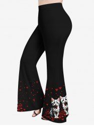 Plus Size Cat Heart Petal Print Flare Pants -  