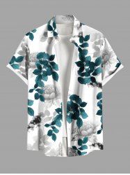 Plus Size Rose Flower Leaf Branch Print Hawaii Ombre Button Pocket Shirt For Men -  