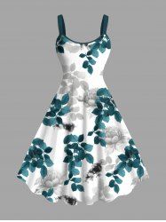 Plus Size Rose Flower Leaf Branch Print Hawaii Ombre A Line Tank Dress -  