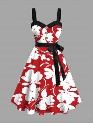 Plus Size Flowers Leaf Print Buttons Turn Down Collar Hawaii Dress With Belt -  