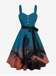 Plus Size Tropical Leaf Coconut Tree Ombre Print Buttons Turn Down Collar Hawaii Dress With Belt -  