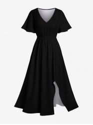 Robe Mi-Longue Ligne A Fendue en Couleur Unie de Grande Taille avec Poche - Noir 2X