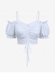 Haut Court à Bretelle en Couleur Unie à Epaule Dénudée à Manches Bouffantes de Grande Taille à Volants - Blanc 8X