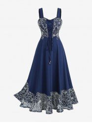 Plus Size Lace-up Panel Floral Embroidery Lace Trim Hollow Out Hem Tank Dress -  