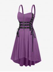 Plus Size Grommets Lace Up Buckles Zipper High Low Midi Dress -  