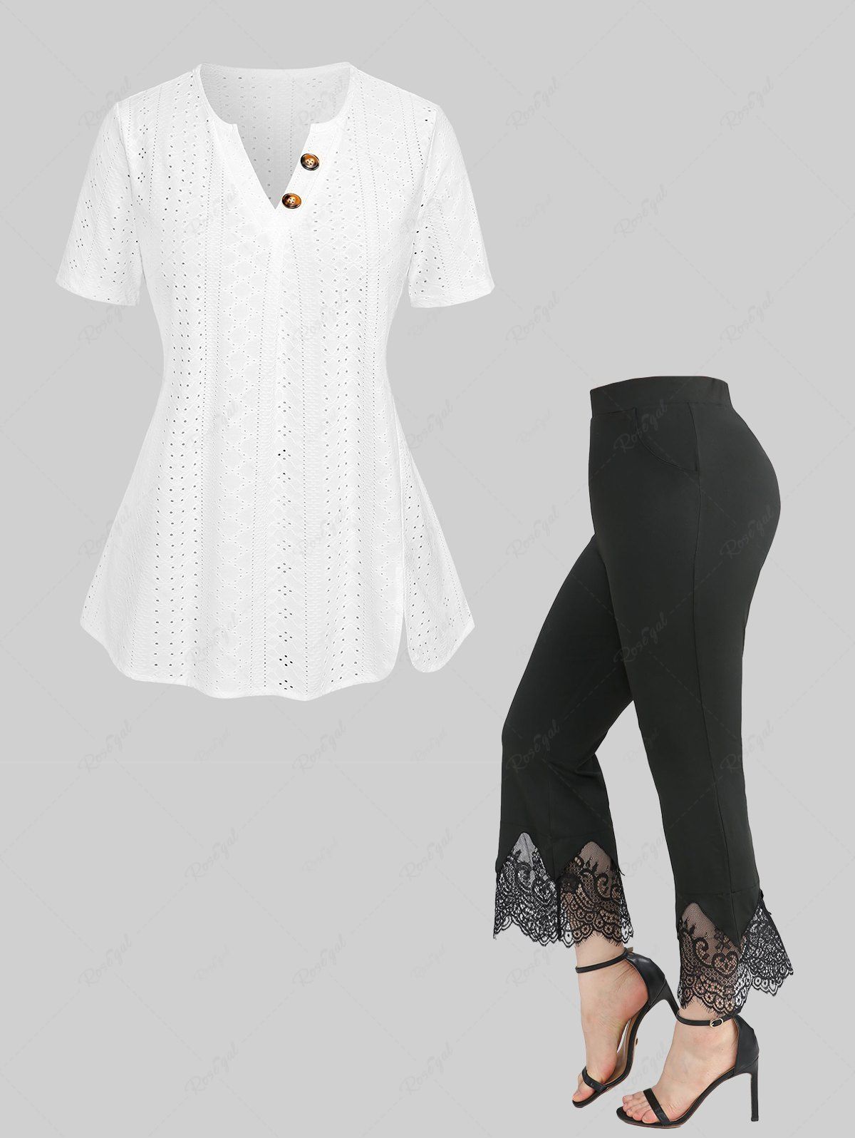 Fashion Button Laser Cut Split T-shirt and Scalloped Tassel Flare Pants Plus Size Outfit  