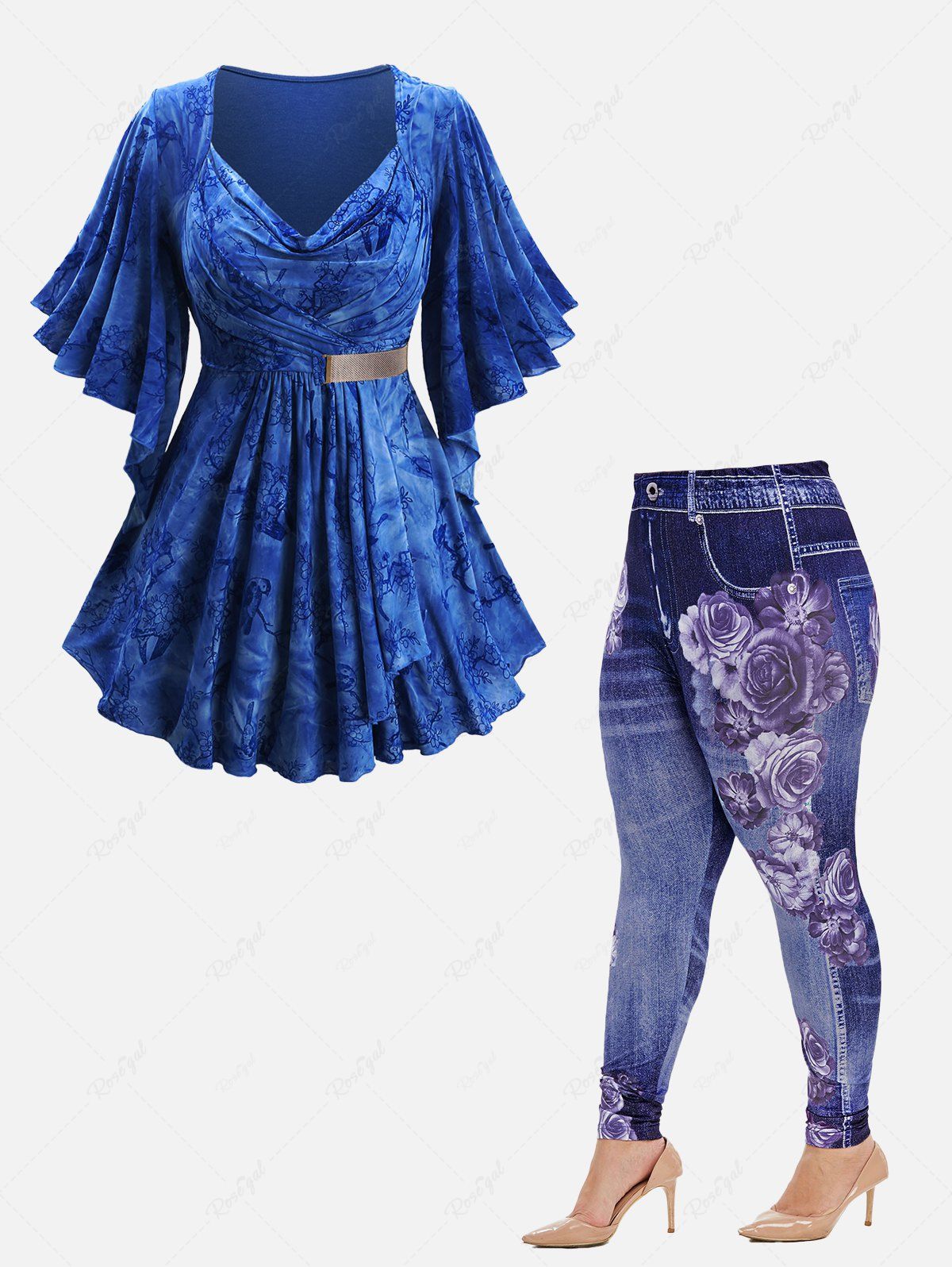 Hot Bird Flower Flocking Chains Panel Butterfly Sleeve Cowl Neck Top and Gym 3D Jeggings Plus Size Outfit  